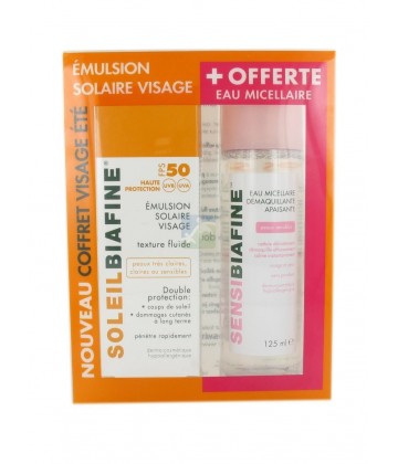 SoleilBiafine Coffret Emulsion Solaire Visage SPF50 50 ml + SensiBiafine Eau Micellaire Démaquillante 125 ml OFFERTE