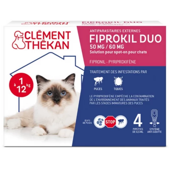 Clément Thékan Fiprokil Duo Chat 50 mg/60 mg 0,5 ml Pipettes x 4