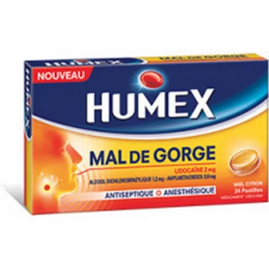 Humex Mal de Gorge Lidocaïne Miel Citron Pastilles x 24