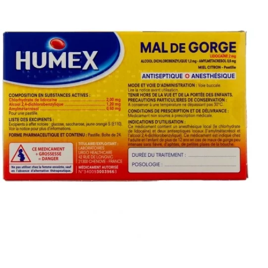 Humex Mal de Gorge Lidocaïne Miel Citron Pastilles x 24 - image 2