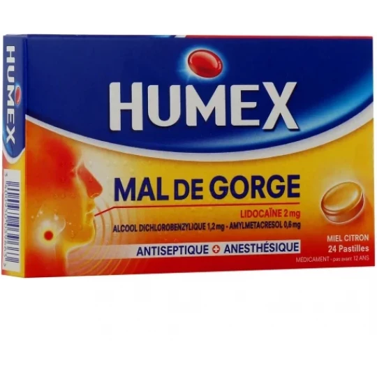 Humex Mal de Gorge Lidocaïne Miel Citron Pastilles x 24