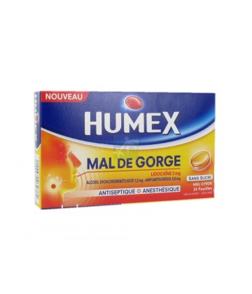 Humex Mal de Gorge Lidocaïne Miel Citron Pastilles Sans Sucre x 24
