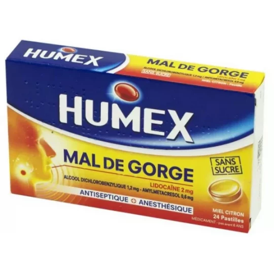 Humex Mal de Gorge Lidocaïne Miel Citron Pastilles Sans Sucre x 24