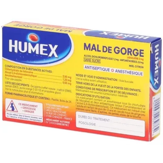 Humex Mal de Gorge Lidocaïne Miel Citron Pastilles Sans Sucre x 24 - image 2