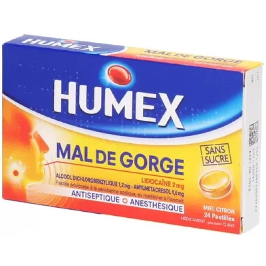 Humex Mal de Gorge Lidocaïne Miel Citron Pastilles Sans Sucre x 24