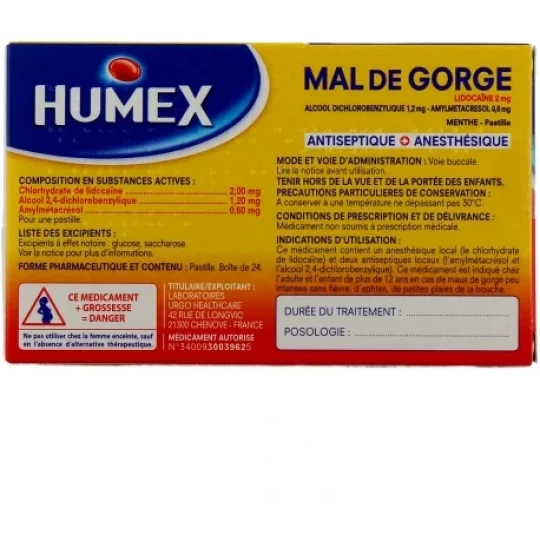 Humex Mal de Gorge Lidocaïne Menthe Pastilles x 24 - image 2