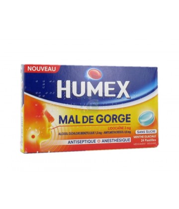 Humex Mal de Gorge Lidocaïne Menthe Glaciale Pastilles Sans Sucre x 24
