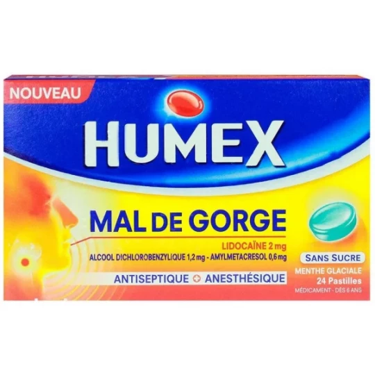 Humex Mal de Gorge Lidocaïne Menthe Glaciale Pastilles Sans Sucre x 24
