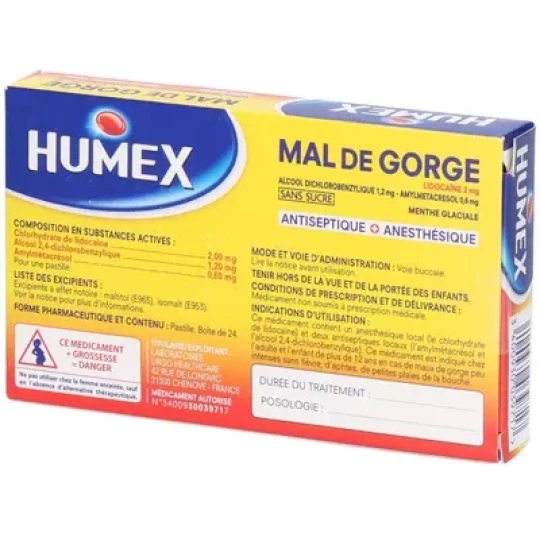 Humex Mal de Gorge Lidocaïne Menthe Glaciale Pastilles Sans Sucre x 24 - image 2
