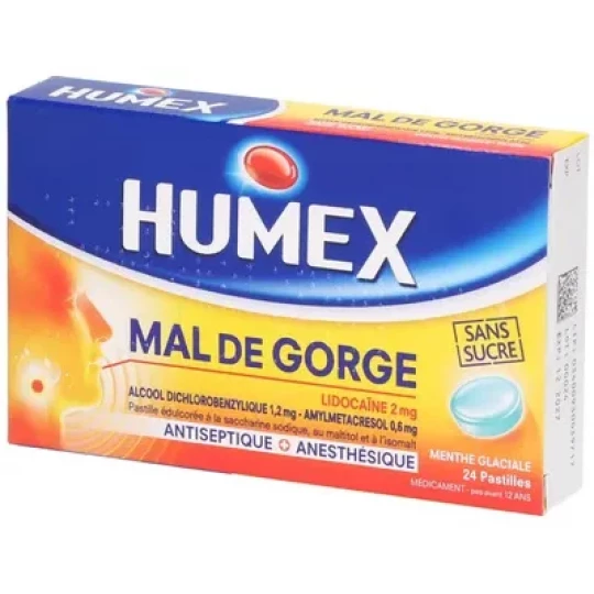 Humex Mal de Gorge Lidocaïne Menthe Glaciale Pastilles Sans Sucre x 24
