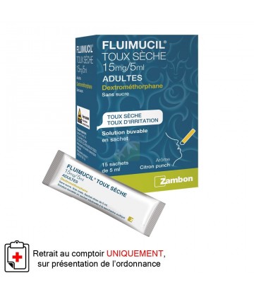 Fluimucil Toux Sèche Dextrométorphane 15 mg/5ml Sachets Adultes Sans Sucre x 15 