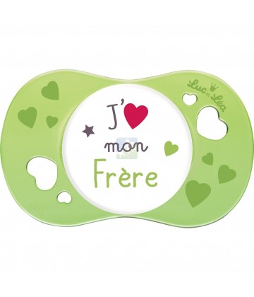 Luc et Léa Sucette Silicone Symétrique + 6 mois "J'aime mon frère"