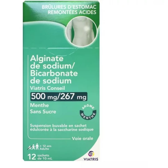 Alginate de Sodium/Bicarbonate de Sodium Mylan Viatris 500 mg/267 mg Menthe Sans Sucre Sachets x 12