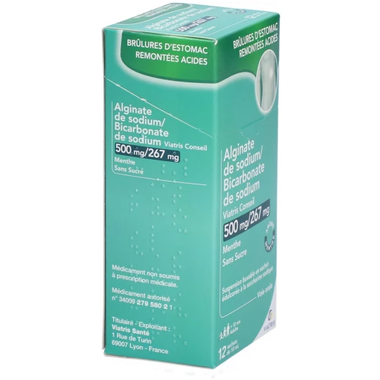 Alginate de Sodium/Bicarbonate de Sodium Mylan Viatris 500 mg/267 mg Menthe Sans Sucre Sachets x 12 - image 2