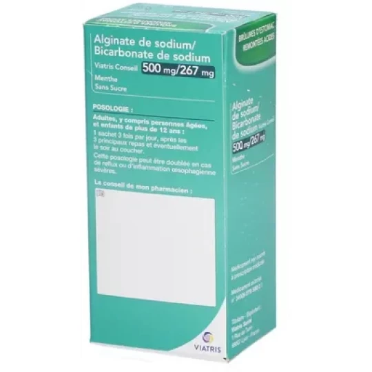 Alginate de Sodium/Bicarbonate de Sodium Mylan Viatris 500 mg/267 mg Menthe Sans Sucre Sachets x 12 - image 3