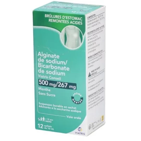 Alginate de Sodium/Bicarbonate de Sodium Mylan Viatris 500 mg/267 mg Menthe Sans Sucre Sachets x 12 - image 4