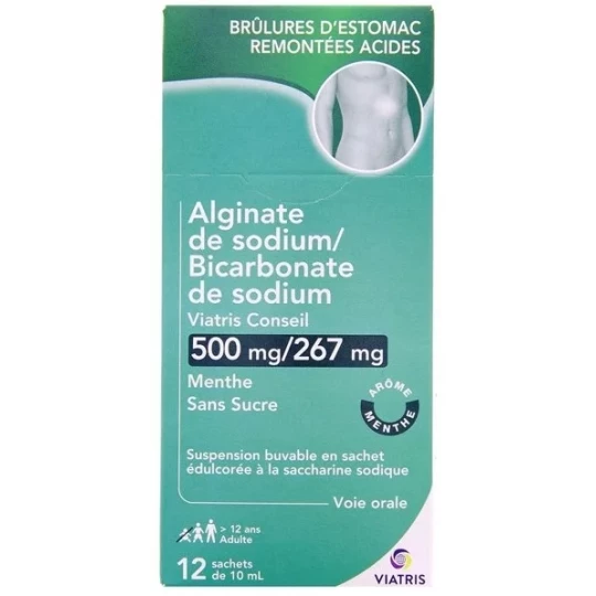 Alginate de Sodium/Bicarbonate de Sodium Mylan Viatris 500 mg/267 mg Menthe Sans Sucre Sachets x 12