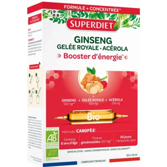 Superdiet Ginseng Gelée Royale Acérola Bio 10 ml x 20 + 10 offertes