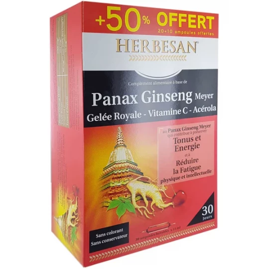 Herbesan Panax Ginseng Gelée royale Acérola Vitamine C Ampoules x 30
