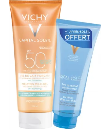 Vichy Idéal Soleil Gel de Lait Ultra-Fondant SPF 50 200 ml + Lait Apaisant Après-Soleil 100 ml Offert