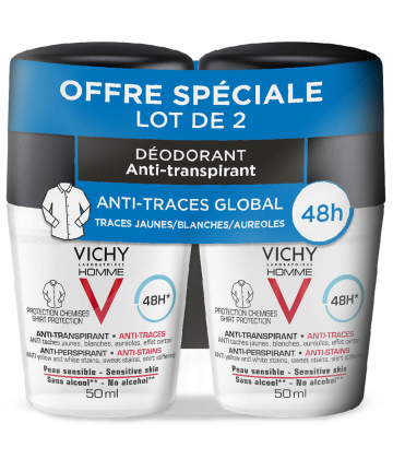 Vichy Homme Déodorant Bille Anti-trace Peau Sensible 48h 2 x 50 ml