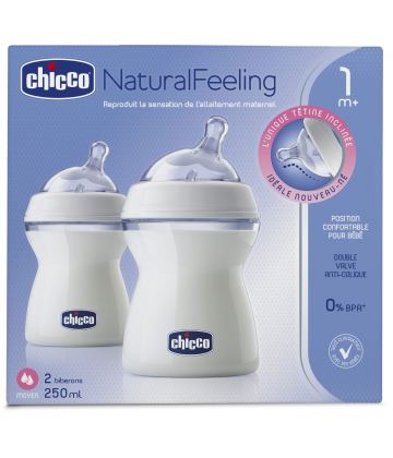 Chicco Biberon Transparent NaturalFeeling Flux Moyen 1 m+ Lot de 2 x 250 ml