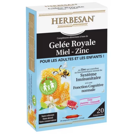 Herbesan Gelée Royale Miel Zinc Goût Pomme Grenade x 20