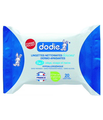 Dodie Lingettes Nettoyantes Douceur Dermo-Apaisantes 3 en 1 x 20