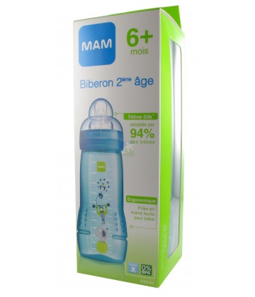 MAM Biberon Easy Active Coloré 330 ml Turquoise 2ème âge Tétine débit X