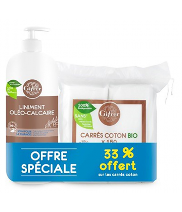 Gifrer Liniment Oléo-Calcaire 900 ml + Carré de Coton Bio x 150