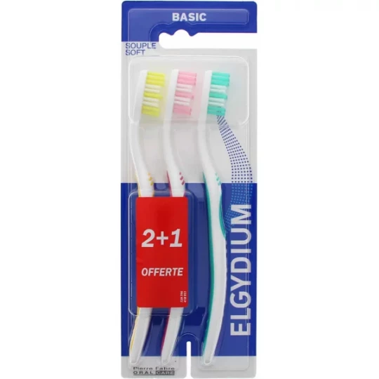 Elgydium Brosse à Dents Basic Souple Lot 2 + 1 offerte