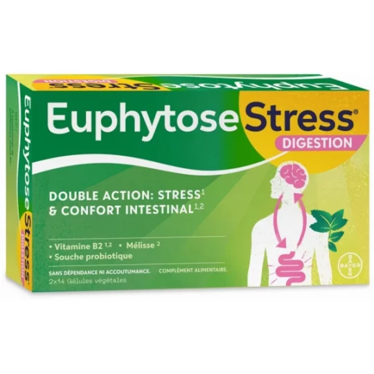 EuphytoseStress Digestion - Stress et confort intestinal - Probiotiques, mélisse, vitamine B2 2x14 comprimés
