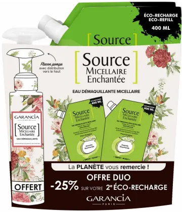 Garancia Source Micellaire Enchantée Eco-recharge Eau Démaquillante Micellaire Amande Gourmande 2 x 400 ml + Flacon-Pompe OFFERT