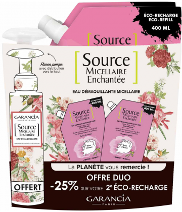 Garancia Source Micellaire Enchantée Eco-recharge Eau Démaquillante Micellaire Rose d'Antan 2 x 400 ml + Flacon-Pompe OFFERT