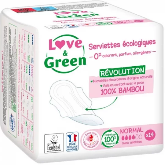 Love & Green Serviettes Hygiéniques Ultra Avec Ailettes