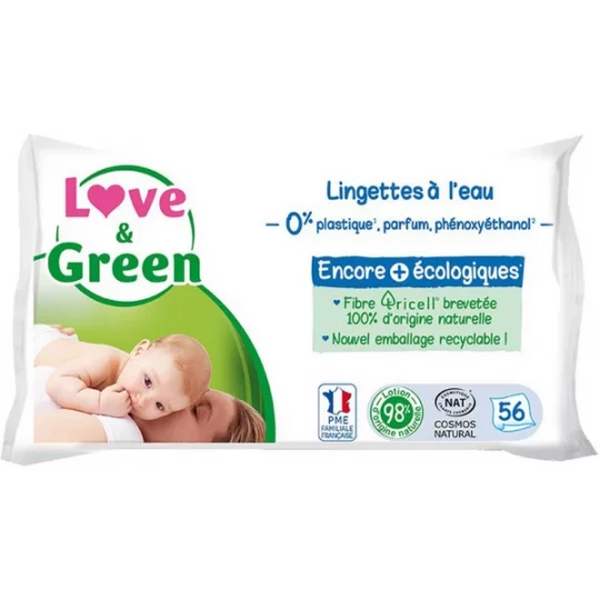 Love & Green Lingettes Hypoallergéniques à l'eau pure x 56