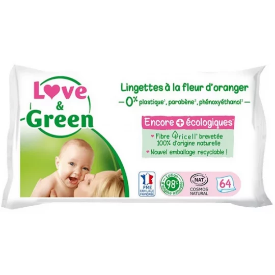 Love & Green Lingettes Hypoallergéniques Fleur d'Oranger x 64