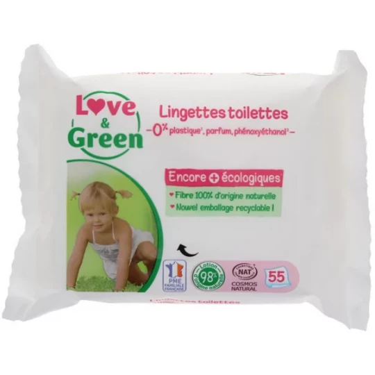 Love & Green Lingettes Hypoallergéniques Toilettes Propreté Sans  Parfum x 55