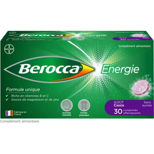 Berocca Energie Cassis Vitamine B et C, Magnésium et Zinc Comprimés Effervescents x 30
