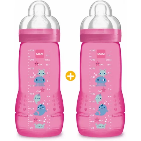 MAM Biberon Easy Active Coloré Fille 2ème Âge Tétine Débit X 330 ml x 2