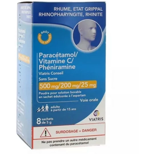 Paracétamol/Vitamine C/ Phéniramine Mylan Viatris Sans Sucre Sachets x 8