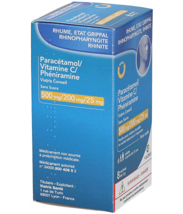 Paracétamol/Vitamine C/ Phéniramine Mylan Viatris Sans Sucre Sachets x 8