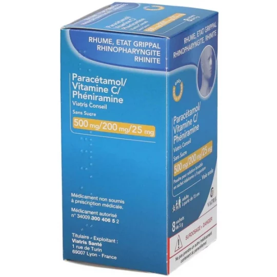 Paracétamol/Vitamine C/ Phéniramine Mylan Viatris Sans Sucre Sachets x 8 - image 2