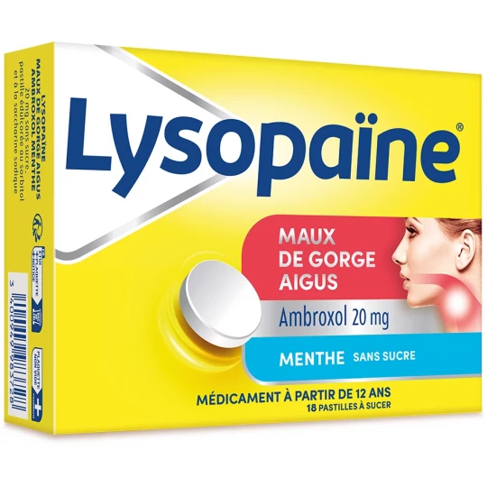 Lysopaïne Pastilles Ambroxol Menthe Sans Sucre 20 mg x 18