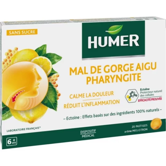 Humer Mal de Gorge Aigu Pharyngite Miel Citron Pastilles x 20