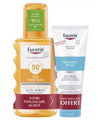 Eucerin Sun Protection Spray Transparent Peau Sensible SPF50+ 200 ml + Après-Soleil Sensitive Relief 50 ml OFFERT 