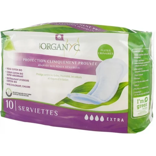 Organyc Fuites Urinaires Serviettes Extra Bio x 10