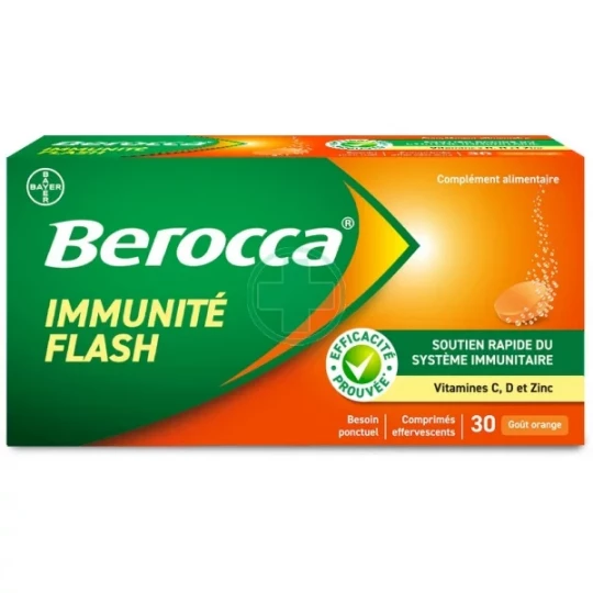 Berocca Immunité Flash Vitamine D, C, Zinc et Fer Comprimés Effervescents x 30