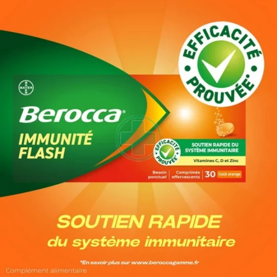 Berocca Immunité Flash Vitamine D, C, Zinc et Fer Comprimés Effervescents x 30 - image 2