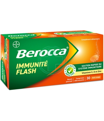 Berocca Immunité Flash Vitamine D, C, Zinc et Fer 30 comprimés effervescents